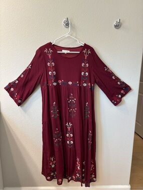 orange creek Burgundy Embroidered Midi Dress